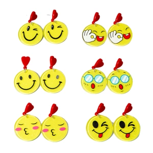 Set of 6 cute yellow smiley face earrings with red heart studs and glitter finish