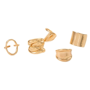 Modern 4-piece irregular liquid metal gold ring set with geometric open design
