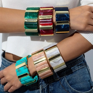 Bracelet Jonc Large En Acrylique À Motif Marbré Et Blocs De Couleurs Bracelet Élastique En Résine Style Rétro
