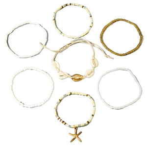 7pcs bohemian beach bracelet set featuring natural shells, starfish charms and colorful beads
