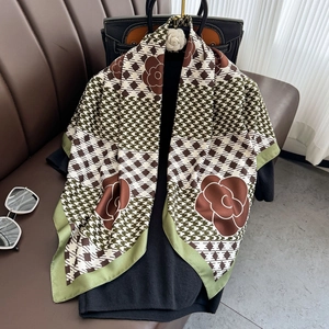 Elegant Square Scarf For Women Large Polyester Satin Shawl With Houndstooth And Camellia Print Lightweight Wrap
