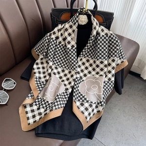 Elegant plaid and camellia print silk shawl in black and white with beige border scarf