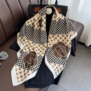 Elegant houndstooth silk scarf with camellia print and white border for women