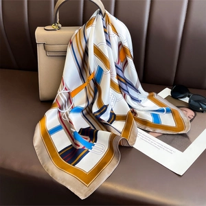 Women Elegant Square Scarf Faux Satin Satin Equestrian Belt Chain Print Professional Lightweight Neck Wrap Accessory