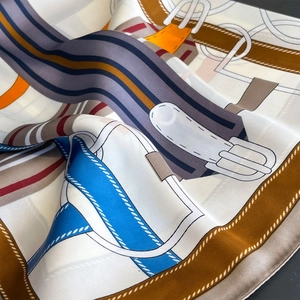 Elegant satin scarf with horse harness and leather belt prints in caramel and blue