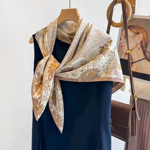 Elegant floral print square silk scarf with vintage beige and brown satin drape