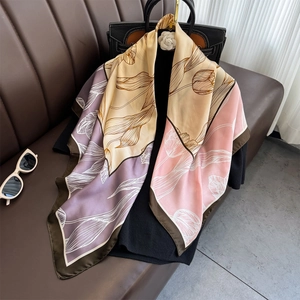 Fashion Floral Square Scarf Faux Satin Satin Floral Tulip Line Drawing Patchwork Shawl Neck Wrap For Women