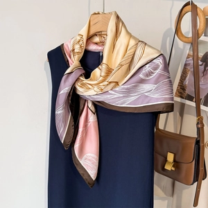 Floral silk square scarf with abstract sketch patterns in beige and purple tones