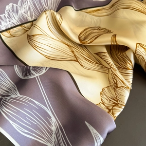 Silk-like floral scarf with purple tulip line art pattern and elegant glossy texture