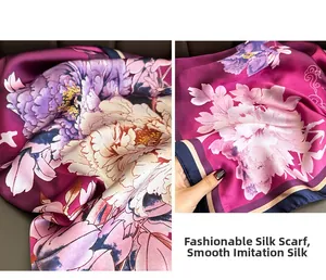 Detail of silky faux silk scarf featuring purple peony patterns and blue borders