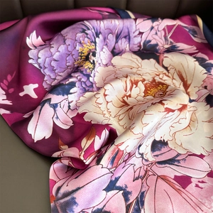Vintage floral silk square scarf with elegant peony print and purple gradient finish