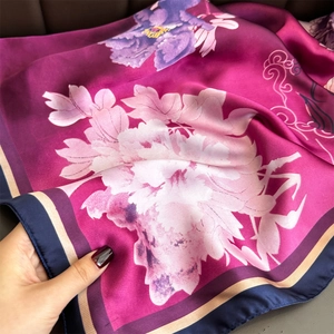 Elegant purple silk square scarf with white peony floral print and contrasting borders