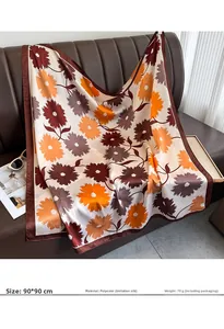 Detail of 90x90cm floral silk scarf with smooth texture and vintage flower print