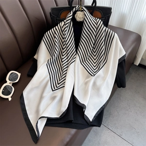 Women's Elegant Polyester Satin Square Scarf Black And White Striped Printed Lightweight Shawl Wrap For Daily Fashion