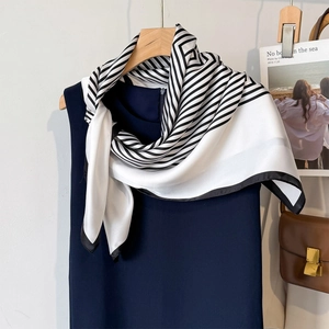 Elegant silk-like square scarf with black and white stripes for women's fashion