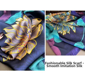 Detailed view of large lotus prints on silk-like satin scarf with smooth glossy texture