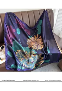 Detail view of a 90x90cm purple faux silk square scarf with colorful lotus floral prints