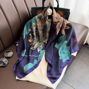 Satin Satin Like Square Scarf Lotus Flower Print Elegant Shawl For Women Large Fashion Accessory Hair Head Wrap