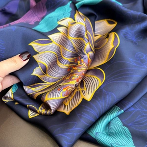 Satin silk shawl for women with elegant lotus flower print in deep blue and purple