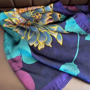 Floral lotus printed silk satin square scarf shawl for sun protection in navy blue