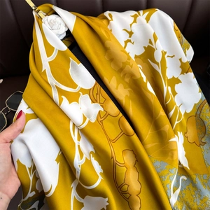 Elegant 90cm silk-satin square scarf featuring white camellia floral prints in yellow