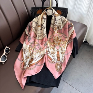 Elegant 90cm square silk scarf with chain and baroque patterns in soft pink and cream