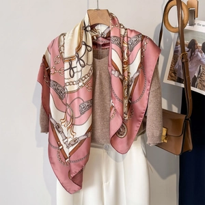 Large Square Scarf Faux Satin Satin Chain Belt Print Elegant Equestrian Style Fashion Shawl For Women