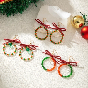 Boucles D'Oreilles Couronne De Noël Avec Nœud En Velours Perles En Verre Bijoux De Vacances Festifs Pour Femmes Filles