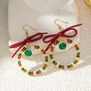 Boucles d'oreilles couronne de Noël avec nœud en velours rouge et perles de cristal colorées