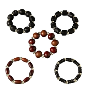 Set of 5 bohemian acrylic and wood beaded stretch bracelets in deep brown and coffee tones