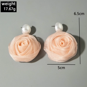 Boucles d'oreilles roses en tissu rose clair avec perles, bijoux de mode de 6,5 cm