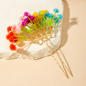 Bohemian style hair comb with colorful artificial flowers on a golden U-shaped pin base