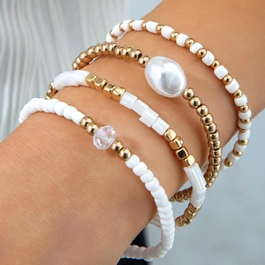 Bracelets À Künstliche Perles Boho Pour Femmes Avec Imitation De Künstliche Perle Baroque Et Cristal Künstliche Perles Géométriques Dorées Künstliche Perles En Résine Blanche Vintage