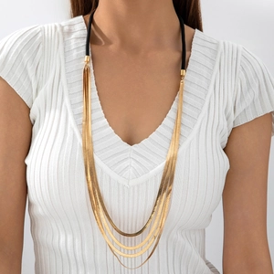 Multilayer Flat Snake Bone Chain Necklace Metal Minimalist Layered Jewelry With Black Cord For Women