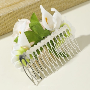Floral hair comb featuring white lilies and pink roses with silver metal teeth for hair styling