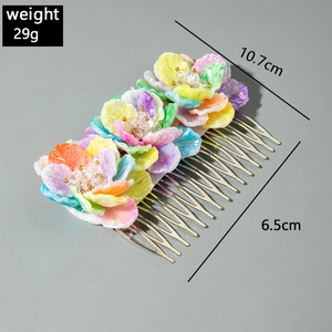 Detail of colorful resin floral hair comb with metal teeth and dimensions of 10.7cm by 6.5cm