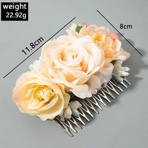 Bohemian floral hair comb with champagne fabric roses and tassel, 11.8cm x 8cm size