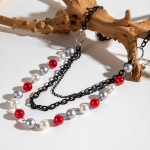 Long layered colorful beaded sweater necklace with stylish punk metal chain details