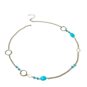 Long layered beaded necklace with sky blue stones and silver-tone metal chain