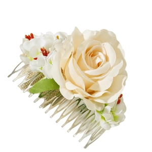 Champagne rose hair comb with artificial white flowers and green leaves on silver metal teeth