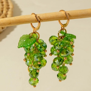 Elegant green grape beaded drop earrings with golden hoops and leaf detail for women