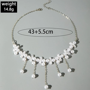 Irregular pearl fringe necklace with silver chain and baroque pearls, 43+5.5cm length