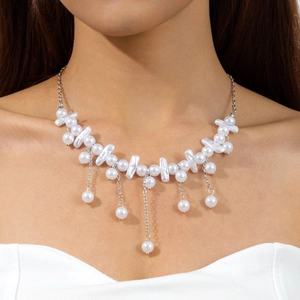 Baroque Faux Artificial Pearl Tassel Fringe Necklace Alloy Chain Irregular Elegant Vintage Jewelry For Women