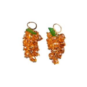 Handcrafted amber bead grape earrings with green leaves and gold metal hoop fasteners