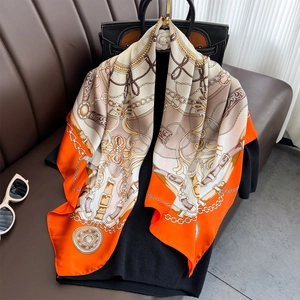 French style 90cm square silk scarf featuring luxury chain pattern and orange border
