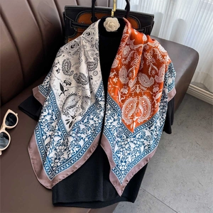 Paisley Print Square Satin Scarf Patchwork Satin Neckerchief For Women Retro Elegant Decorative Headscarf Hair Scarf Shawl