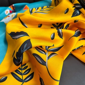 90x90 satin square silk scarf featuring lemon yellow and teal floral leaf patterns