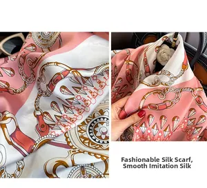 Macro shot of faux silk scarf with chain pattern and smooth satin texture for women