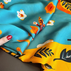 Blue and yellow floral satin square scarf with soft silk texture for summer beach sun protection