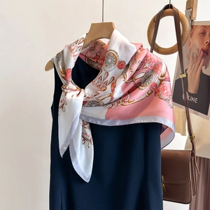 Retro chain and coin print square silk scarf for women in elegant pink and white colors